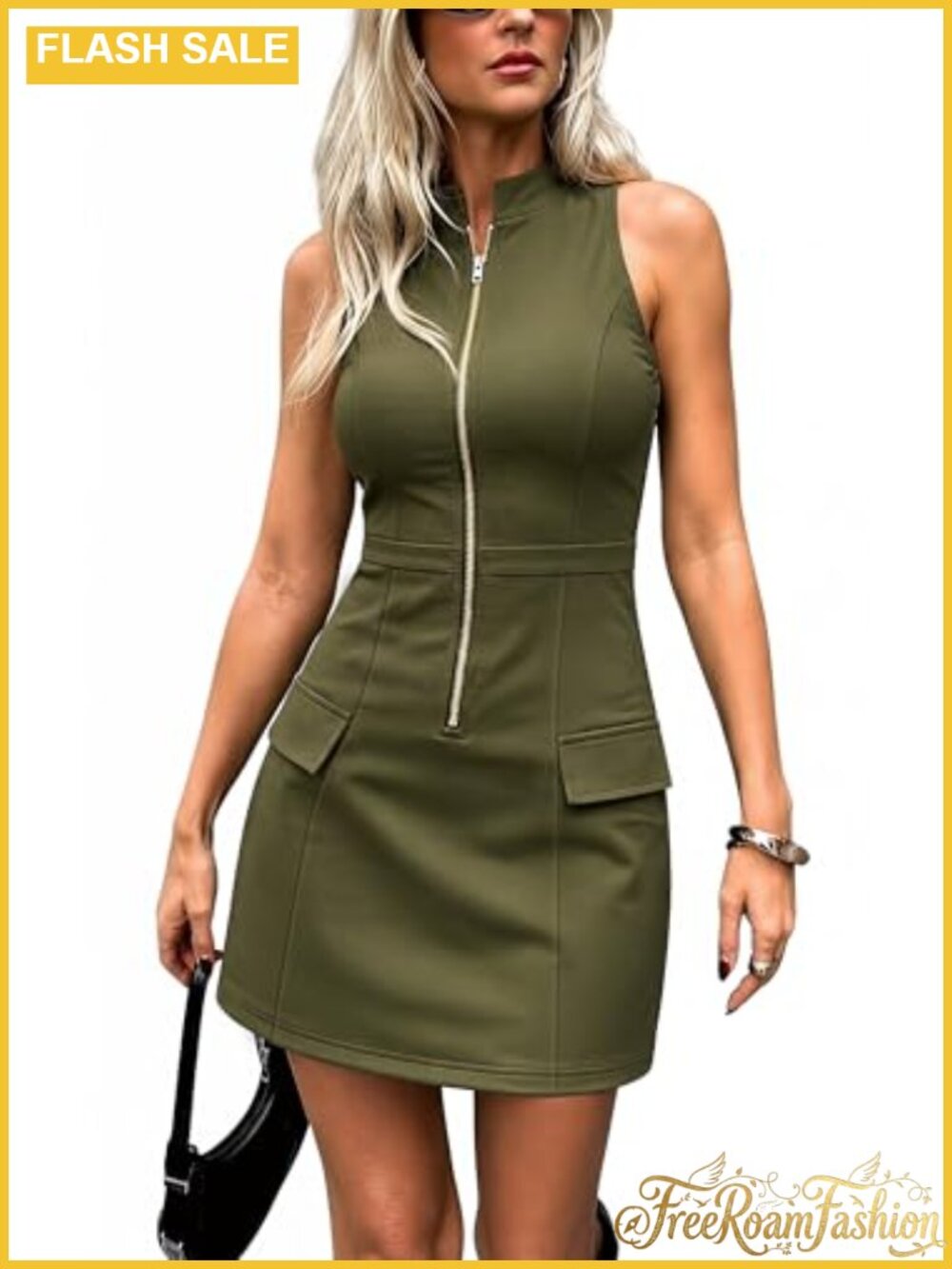 Sleeveless Half Zip Bodycon Mini Dress Stretch Workwear